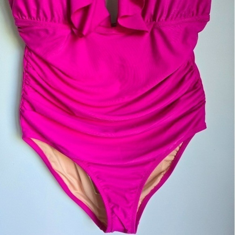 J. Crew NEW Radiant Fuchsia Pink Ruched Ruffle V-Neck One Piece Swimsuit SZ 14 - Picture 5 of 11